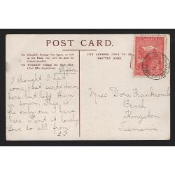 (BL15035) TASMANIA · 1906: a clear strike of the RANELAGH JUNCTION Type 1 cds ties a 1d Pictorial to humorous postcard · postmark is rated S-(4)   (2 images)