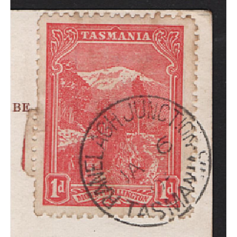 (BL15035) TASMANIA · 1906: a clear strike of the RANELAGH JUNCTION Type 1 cds ties a 1d Pictorial to humorous postcard · postmark is rated S-(4)   (2 images)