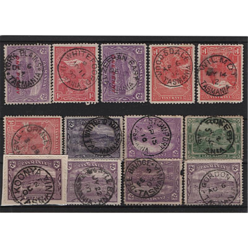 (BL15037) TASMANIA · a Baker's Dozen of selected postmarks on ½d, 1d & 2d Pictorials · includes "better" such as ZEEHAN EAST, WHITEF'D HILLS, STOWPORT, ROKEBY, MYRTLE BANK and DEE BRIDGE (13) (13)