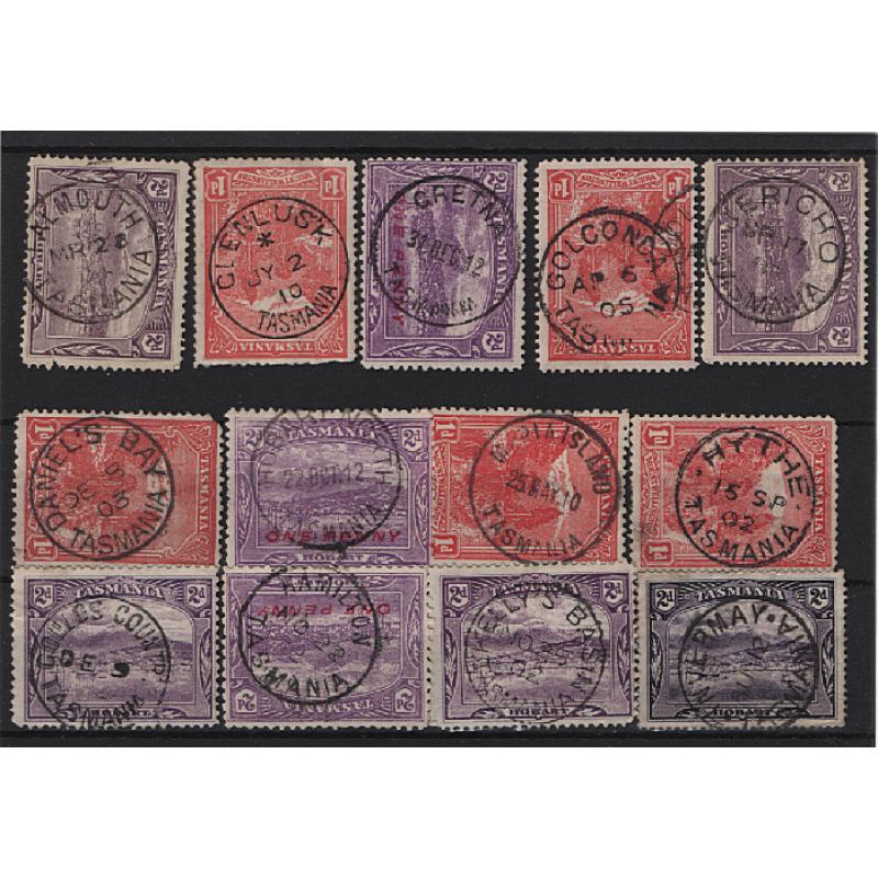 (BL15038) TASMANIA · a Baker's Dozen of selected postmarks on 1d & 2d Pictorials · includes "better" such as FALMOUTH, GOLCONDA, DANIELS BAY, MARIA ISLAND and KELLY'S BASIN (13)