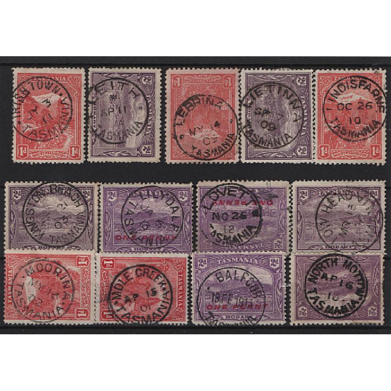 (BL15039) TASMANIA · a Baker's Dozen of selected postmarks on 1d & 2d Pictorials · includes "better" such as BALFOUR, LEITH, LIETINNA, LINDISFARNE and LOW HEAD (13)