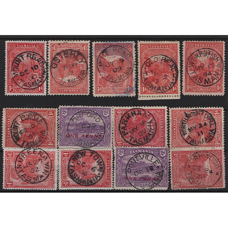 (BL15040) TASMANIA · a Baker's Dozen of selected postmarks on 1d & 2d Pictorials · includes "better" such as PINE ROAD, OAKWOOD, WT KENTISH and NORTH MOUNT LYELL (13)