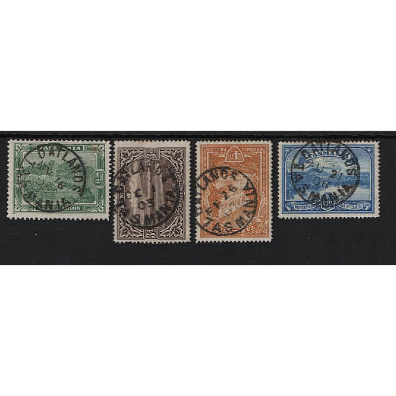 (BL15041) TASMANIA · 1903/08: clear strikes of the OATLANDS Type 1 cds on ½d, 3d, 4d and 5d Pictorials · not often seen on these stamps (4)