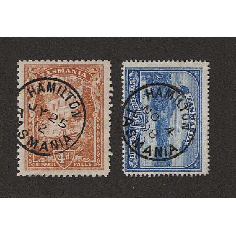 (BL15046) TASMANIA · 1908/12: clear strikes of the HAMILTON Type 1 cds on 4d and 5d Pictorials · not often seen on these stamps (2)