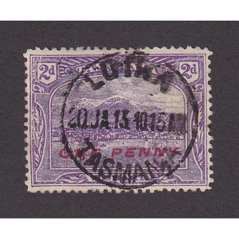 (BL1605) TASMANIA · 1913: a full cleare strike of the LOIRA Type 3 cds on a ONE PENNY surchd 2d Pictorial · postmark is rated RR+(12)