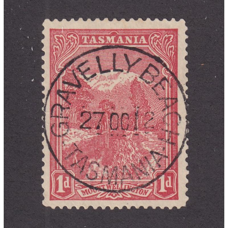 (BL1610) TASMANIA · 1912: full clear strike of the GRAVELLY BEACH Type 2b cds on a 1d Pictorial · postmark is rated RRR-(13*)