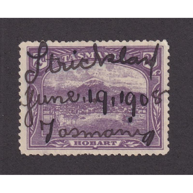 (BL1612) TASMANIA · 1908: an outstanding example of a STRICKLAND mss cancel dated "June 19th, 1908 on a 2d Pictorial · postmark is rated 3R by Hardinge during this period