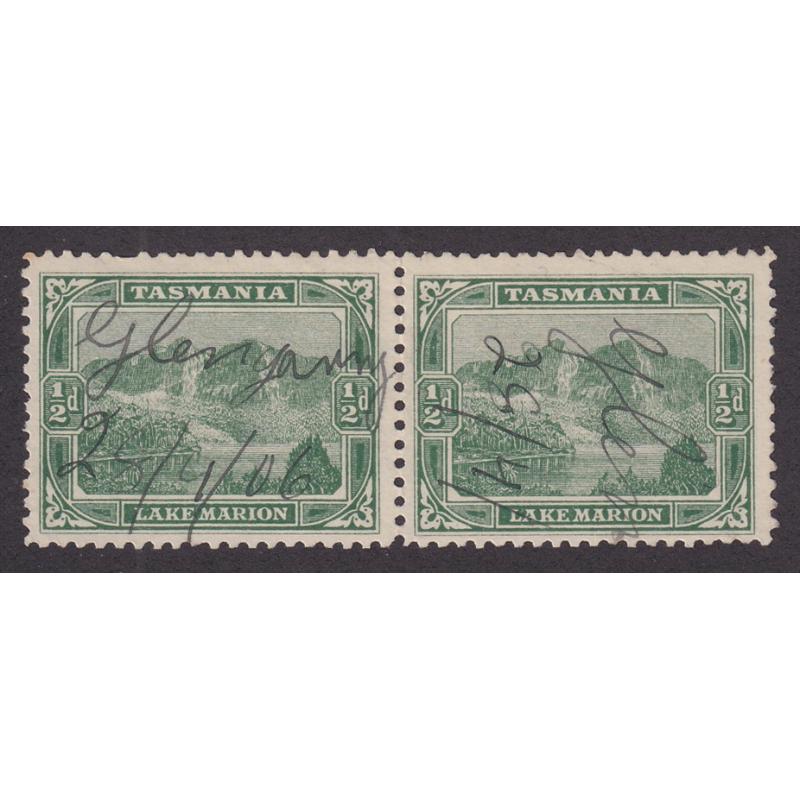 (BL1614) TASMANIA · 1906: an excellent example of a GLENGARRY mss cancel in ink dated "2/4/06" on a pair of ½d Pictorials · also with the postmaster's initials · postmark is rated 4R by Hardinge