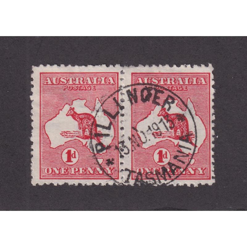 (BL1623) TASMANIA · 1913: a bold strike of the PILLINGER Type 2ac cds on a pair of 1d Roos · postmark is rated 3R