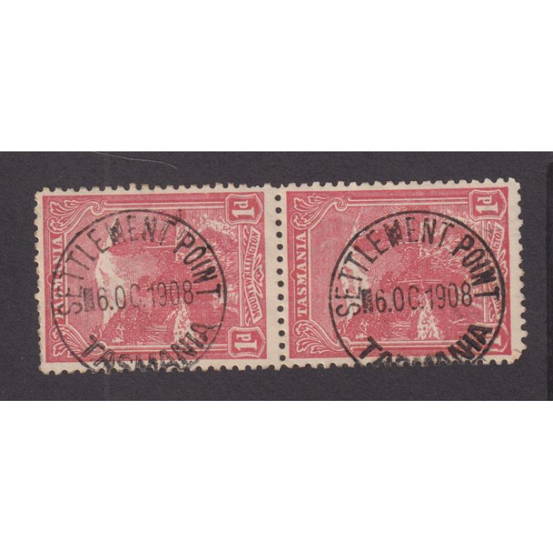 (BL1628) TASMANIA · 1908: a double strike of the SETTLEMENT POINT Type 2a cds on a pair of 1d Pictorials · this Flinders Island postmark is rated S-(4)