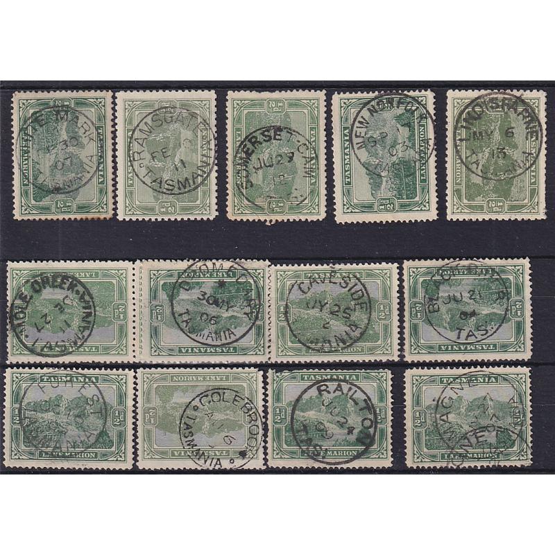 (BL1665) TASMANIA · a Baker's Dozen of selected postmarks on ½d Pictorials · includes "better" such as RAMSGATE, LINDISFARNE, DROMEDARY, CAVESIDE, BLACK RIVER and MAGNET (13)