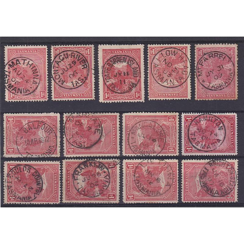 (BL1666) TASMANIA · a Baker's Dozen of selected postmarks on 1d Pictorials · includes "better" such as CAPE BARREN ISLAND, LOW HEAD, BALFOUR, LIETINNA and MT FARRELL (13)