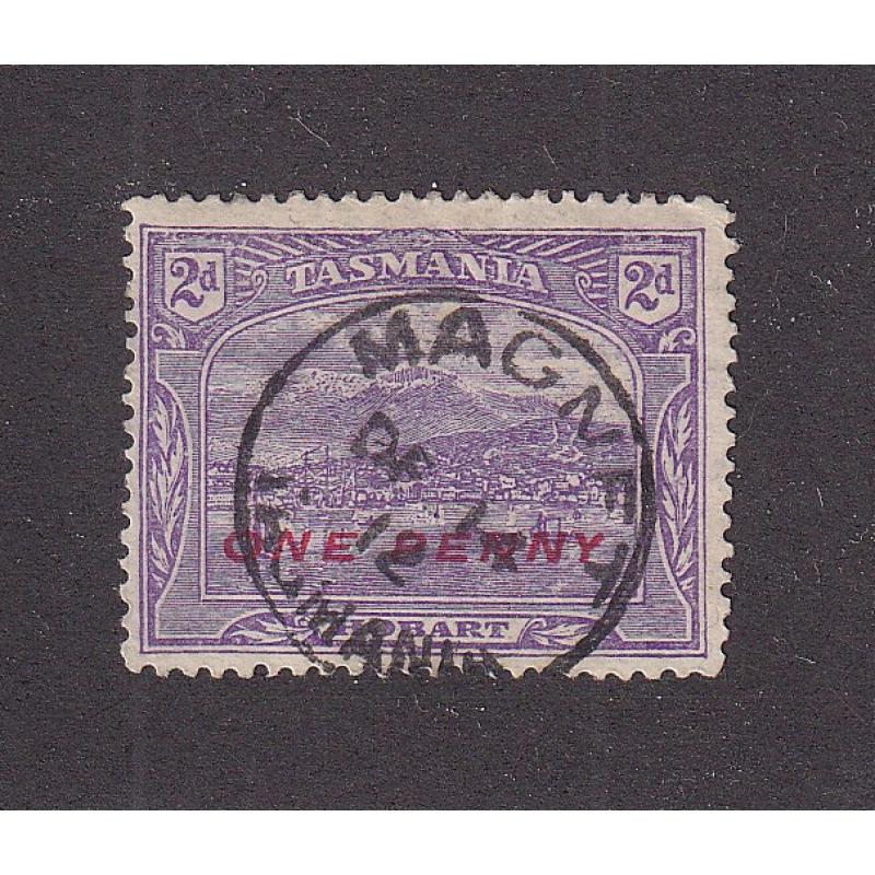 (BL1679) TASMANIA · 1912: a clear and nearly complete example of the MAGNET Type 1 cds on a ONE PENNY surcharged 2d Pictorial · postmark is rated S-(4) ... scarcer still on this stamp