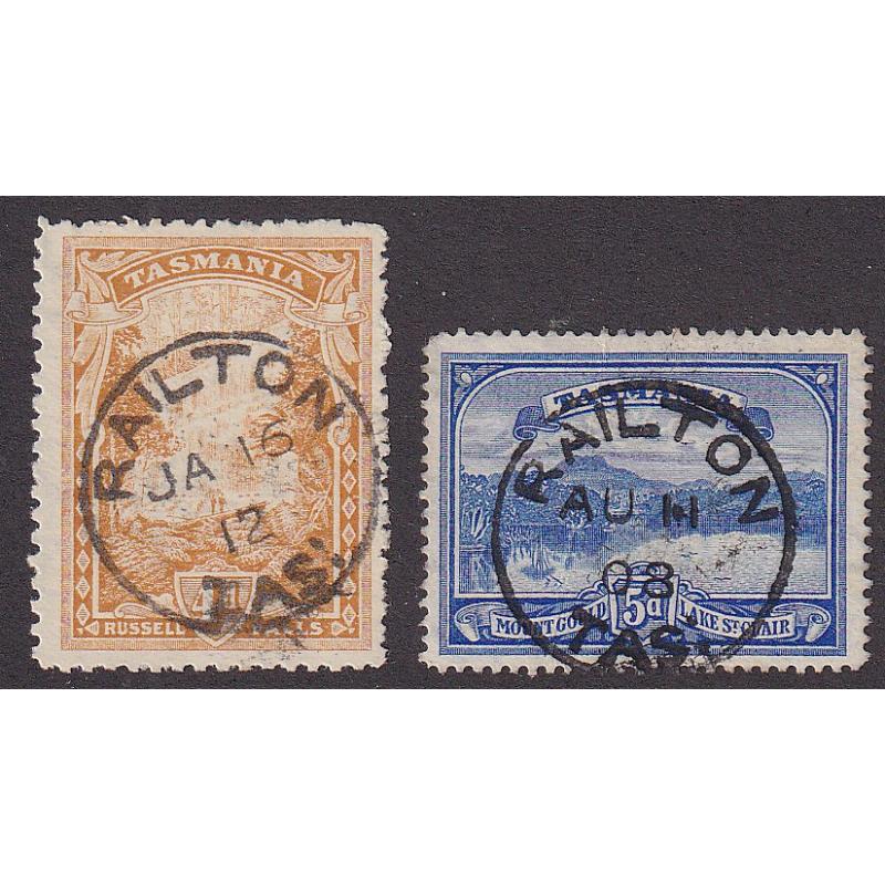 (BL1681) TASMANIA · 1908/12: bold, clear strikes of the RAILTON Type 1a cds on 4d & 5d Pictorials · scarce on these non letter-rate issues (2)