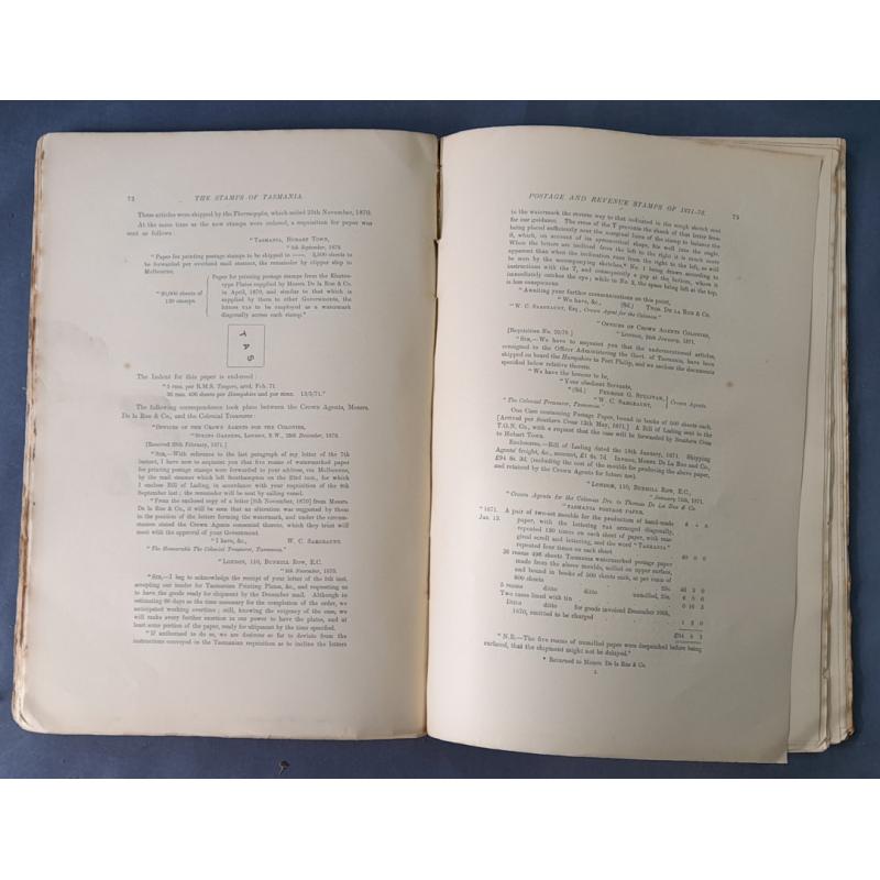 (CE1010L) THE STAMPS OF TASMANIA by A.F. BASSET HULL published by the Philatelic Society London in 1890 · paper cover · needs re-binding · illustrations in back all present (3 sample images)