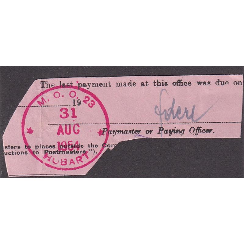 (CE1503) TASMANIA · 1954: clear full strike in red of the M.O.O. 23 HOBART Type R2a(vii) rubber datestamp on a document clipping · postmark is rated 4R