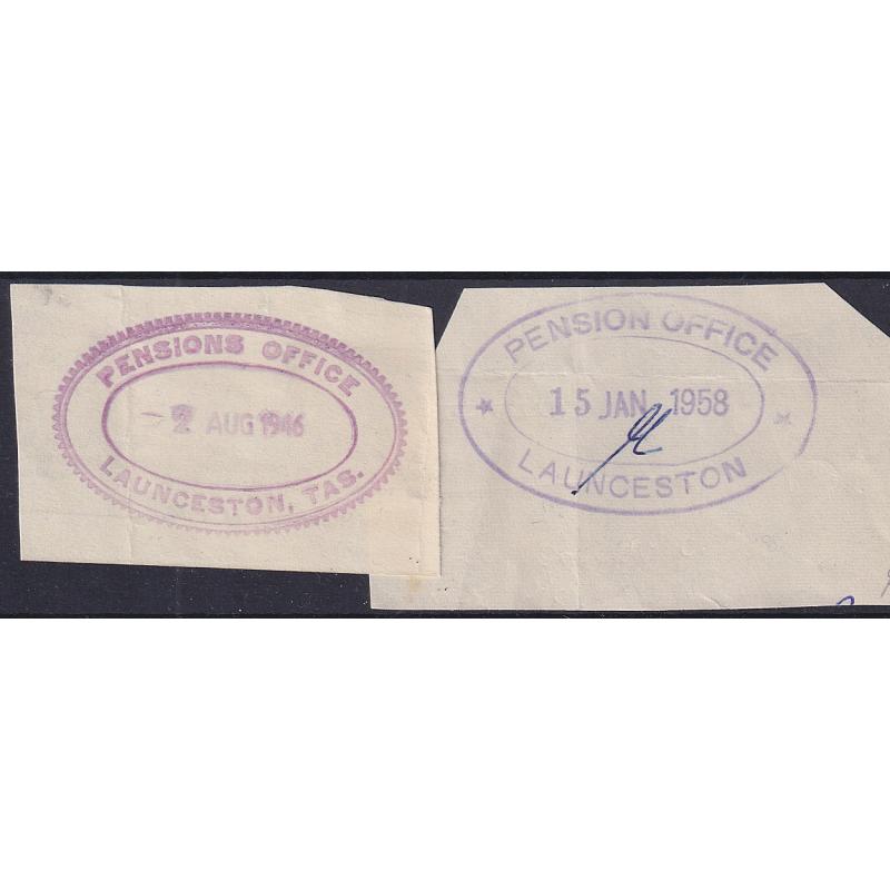 (CE1020) TASMANIA · 1946/58: two different oval PENSION(S) OFFICE LAUNCESTON datestamps on document clippings · both rated 4R (2)