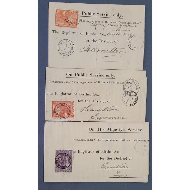 (CE1026) TASMANIA · 1903/13: 3x OPSO forms to The Registrar of Births &c. at Hamilton mailed from OUSE, VICTORIA VALLEY and ELLENDALE · all items have had 1d Pictorials perf T affixed on receipt · condition is a little mixed but all are exhibitable (3)