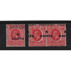 (CP1529) EAST AFRICA & UGANDA PROTECTORATES  · 1919: mint pair of 6c scarlet KGV with misplaced '4 cents' surcharge SG 64 plus a "normal" example · some minor paper adhesions o/wise in excellent condition · 2 items (2 images)