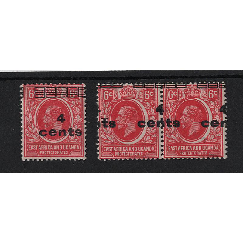 (CP1529) EAST AFRICA & UGANDA PROTECTORATES  · 1919: mint pair of 6c scarlet KGV with misplaced '4 cents' surcharge SG 64 plus a "normal" example · some minor paper adhesions o/wise in excellent condition · 2 items (2 images)