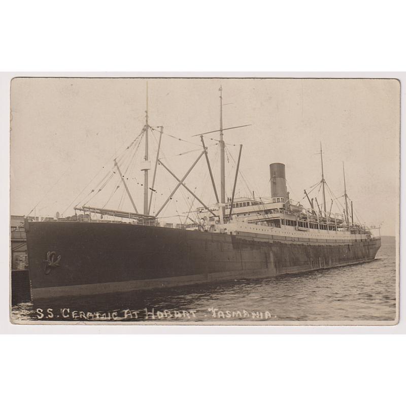 (CR1016) TASMANIA · 1920s: unused real photo card with a view of the White Star Line ship  S.S. "CERAMIC" AT HOBART · photographer not identified · excellent condition