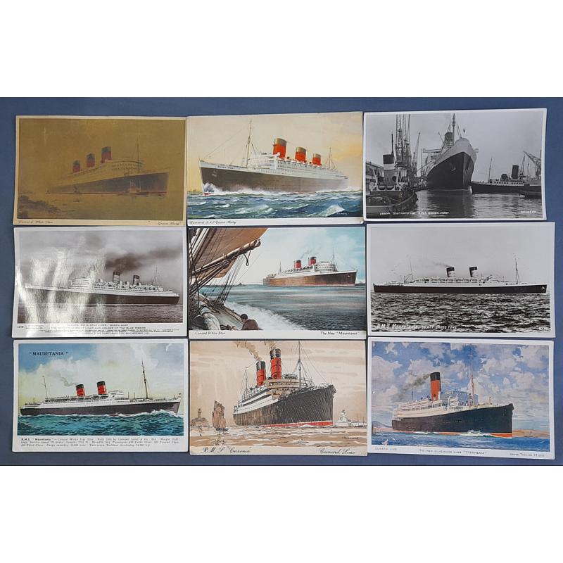 (CR1020L) GREAT BRITAIN · 1900s/60s: 24 diff printed and real photo postcards featuring various LINERS operated by Cunard and Cunard White Star Lines · the majority of cards are unused · condition ranges from VG to VF (3 images)