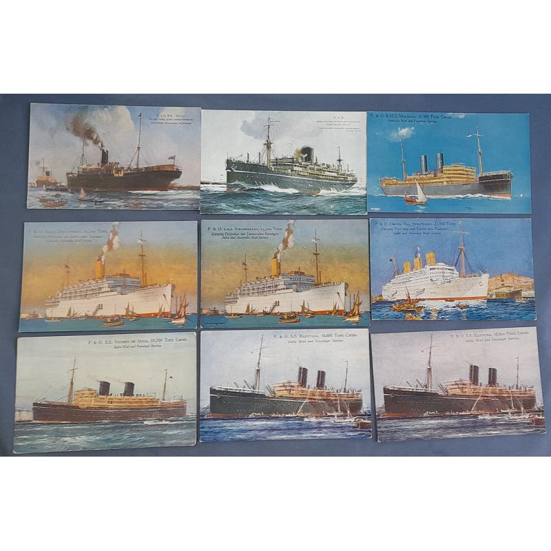 (CR1017L) GREAT BRITAIN · 1910s/30s: 24 diff colour postcards featuring views of 23 P&O Liners all of which served routes from G.B. to India/Ceylon and Australia, etc. · 3 cards have been used · mostly in excellent to fine condition (3 images)