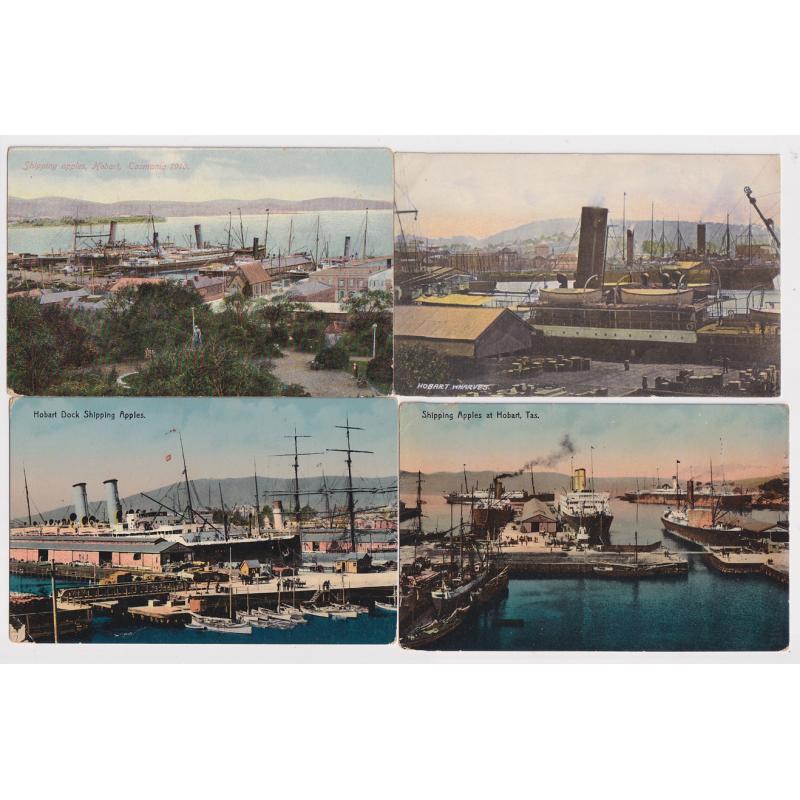 (CR1026) TASMANIA · four McVilly & Little cards with different views of the HOBART WHARVES used "under cover" between about 1910 and 1936 · some peripheral wear however all are of display quality (4)