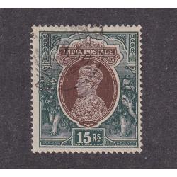 (CR1032) INDIA · 1937: used 15Rs brown & green KGVI defin SG 263 · fine condition · c.v. £110 (2 images)