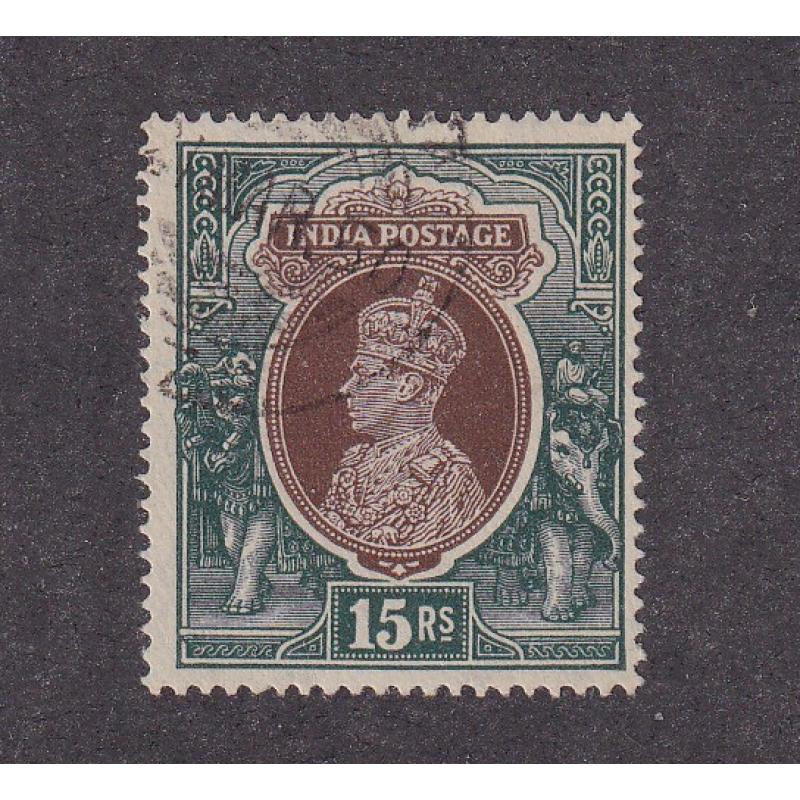 (CR1032) INDIA · 1937: used 15Rs brown & green KGVI defin SG 263 · fine condition · c.v. £110 (2 images)