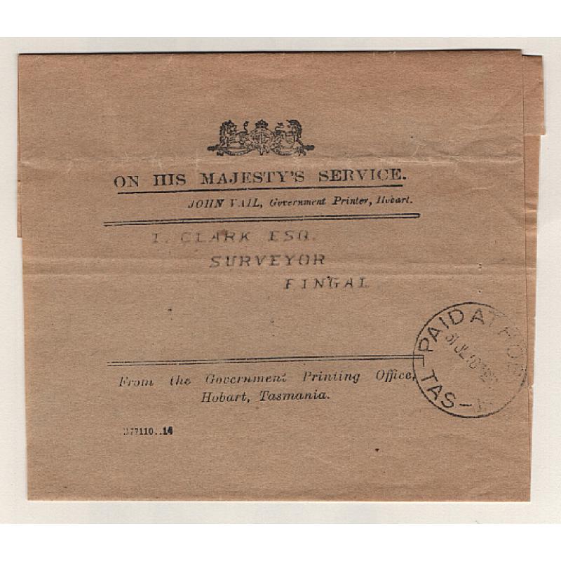 (CT1515) TASMANIA · 1918: a light in places but obvious strike of the PAID AT HOBART Type 4R(i) with rate blocked out on an OHMS Government Printer wrapper · postmark is rated 3R