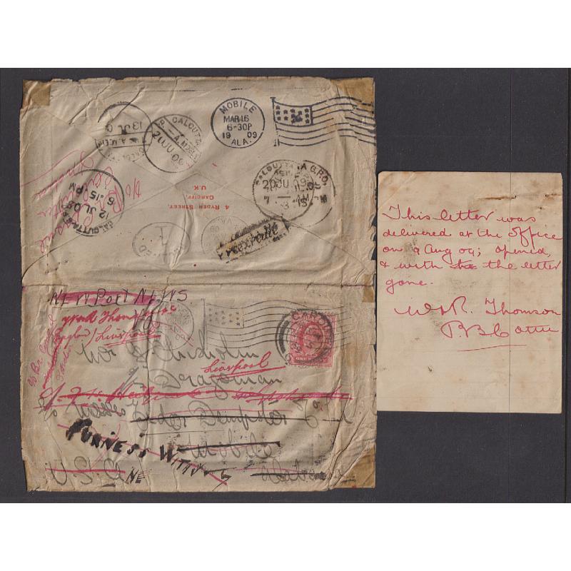 (DA1168L) GREAT BRITAIN · 1909: cover mailed to USA re-directed to INDIA · opened out and reinforced with adhesive tape · worthy of a little research!