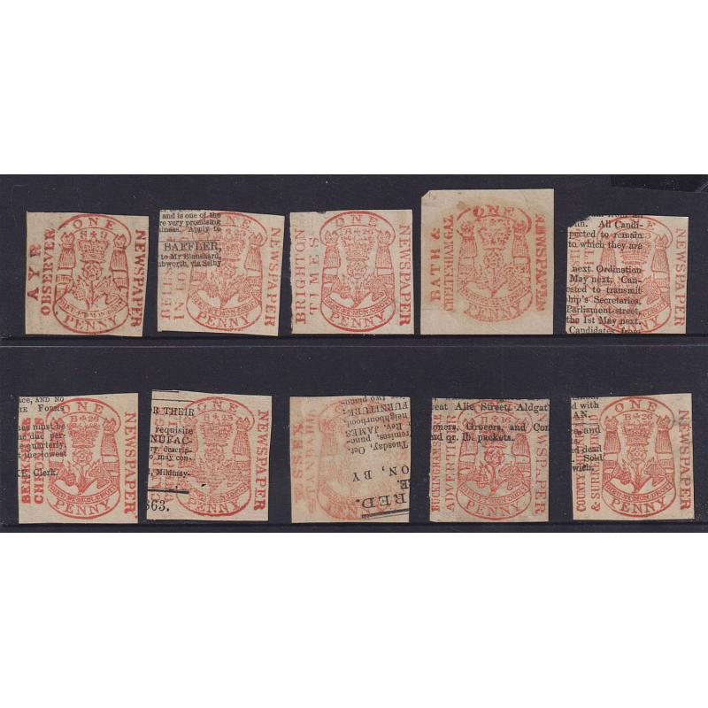 (DA1169) GREAT BRITAIN · 1800: 10 neat clippings each bearing an impression of a different NEWSPAPER STAMP DUTY in red - all but one are full clear examples (10)