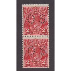 (DA1172) AUSTRALIA · 1930: MNH vertical pair of Die III 2d golden scarlet KGV defins (SM Wmk · perf.13½x12½) perf. 'OS' BW 102Aba · lower unit has light diagonal bend o/wise condition is fine · total c.v. AU$150 (2 images)