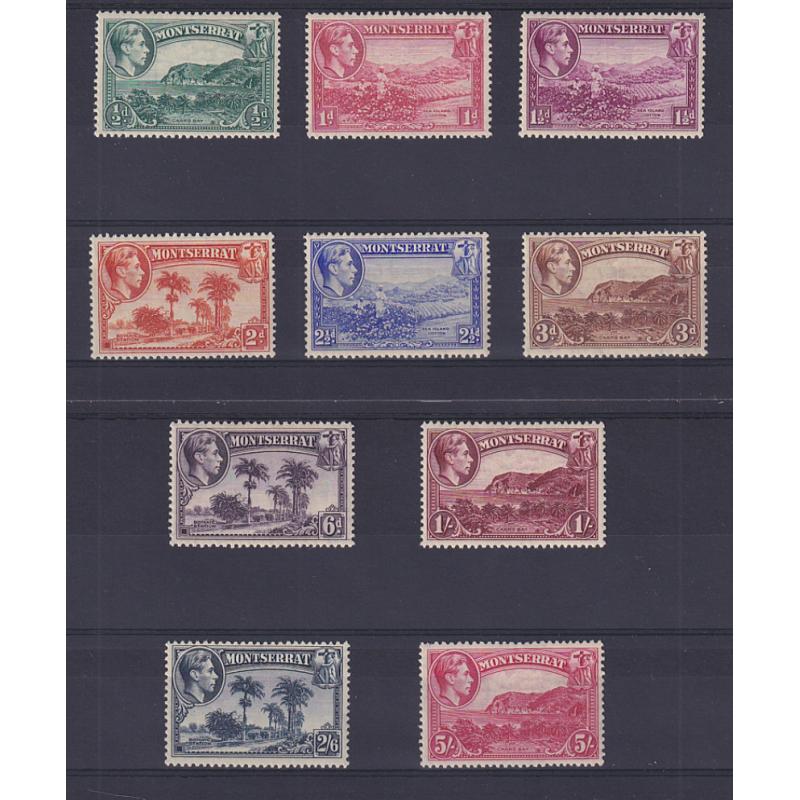 (DA1173) MONTSERRAT · 1938: mint original KGVI pictorial definitive issue SG 101/110 · some light gum discolouration · all of fine appearance from money side · c.v. £235 · 10 stamps (2 images)