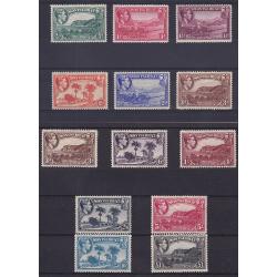 (DA1174) MONTSERRAT · 1942/48: mostly MLH KGVI pictorial definitives to 5/- perf.14 and 10/- & £1 values perf.12 SG 101a/110a, 111/112 · minor occasional gum imperfection to please view both large images · c.v. £135 (2 images)