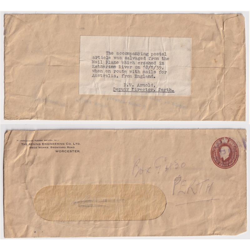 (DA1175L) AUSTRALIA · 1939 (Jan.18th): crash cover retrieved from the wreck of the 'Koranga' which crashed with all lives lost at Katherine River AAMC #843 · explanatory label affixed to back at Perth · excellent condition · c.v. AU$400