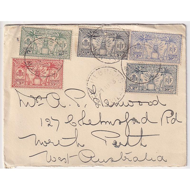 (DA1177) NEW HEBRIDES · 1933: philatelic cover with an all different range front & back of 'Arms & Palms' pictorial defins to 7½d/75c · stamps on back cancelled carefully at Sydney on way through to Perth (2 images)/