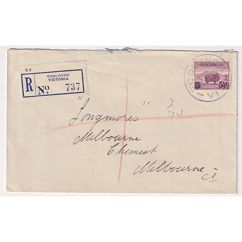 (DA1178) AUSTRALIA · 1942: commercial cover to Melbourne address mailed by registered post from TOOLONDO (b/stamped there and at Horsham) · single 5½d surcharged Merino uncommon "on cover' in my experience