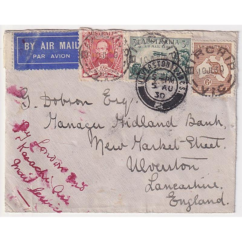 (DA1179) AUSTRALIA · 1930: small cover to G.B. transmitted by air Karachi/London ·n some wear and flap missing but quite presentable as an example as an item carried on this service