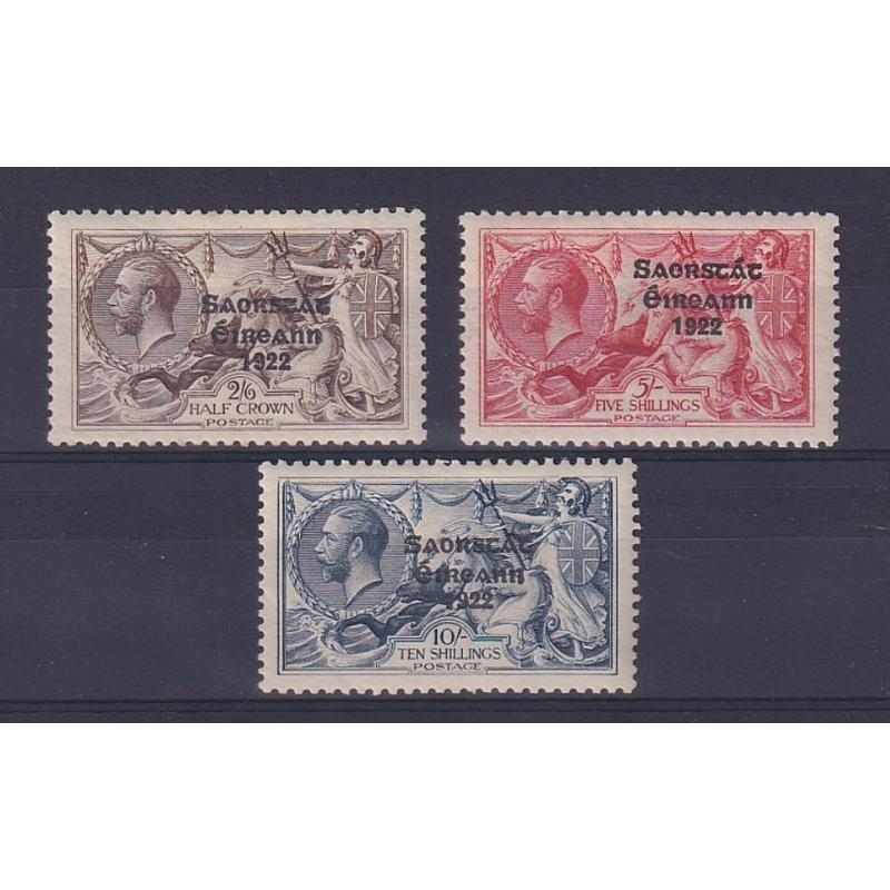 (DA1183) IRELAND · 1925: mint overprinted 2/6d, 5/- & 10/- KGV Seahorses with narrow 5mm date SG 83/85 · some gum issues (10/- has gum bend) but all are very prresentable from the business side · please view both largest images · total c.v. £295 (3)