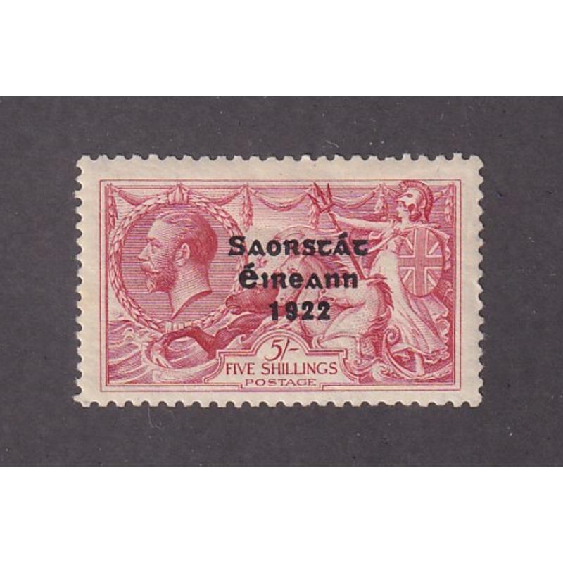 (DA1186) IRELAND · 1922: mint 5/- rose-carmine KGV Seahorses with Type 5 o/prnt by Thom SG 65 · excellent condition front and gumside · c.v. £100 (2 images)