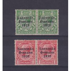 (DA1188) IRELAND · 1923: mint pairs of the ½d green and 1d scarlet KGV defins the RH unit of each pair showing the LONG 1 in overprint variety SG 67a/68a · hinge remnants · total c.v. £105 (2 images)