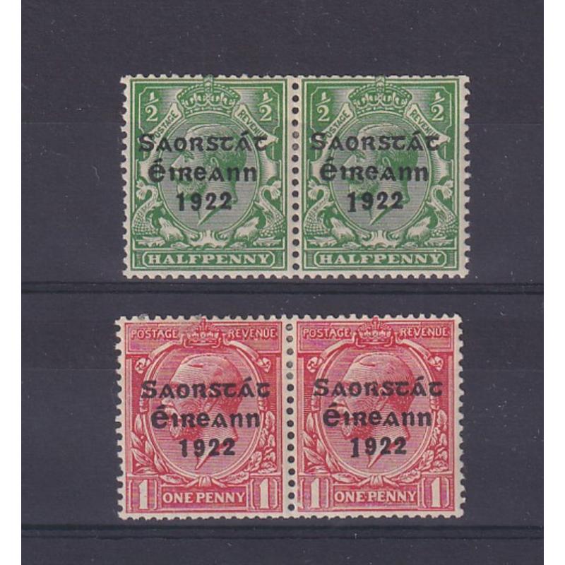 (DA1188) IRELAND · 1923: mint pairs of the ½d green and 1d scarlet KGV defins the RH unit of each pair showing the LONG 1 in overprint variety SG 67a/68a · hinge remnants · total c.v. £105 (2 images)