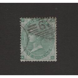 (DA1509) GREAT BRITAIN · 1862: used Plate 1 1/- green QV S/face (Emblems wmk) SG 90 · just a hint of some toned perf tips (see both largest images) but a very collectable example · c.v. £300 (2 images)