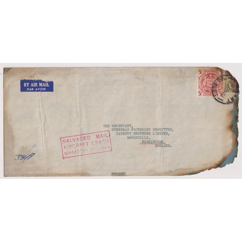 (CR1000L) AUSTRALIA · 1953: crash cover from RMA "Belfast" with h/stamp SALVAGED MAIL AIRCRAFT CRASH SINGAPORE 13.3.1953  AAMC #1337 · a couple of folds and singed on one end ..... looks the part!