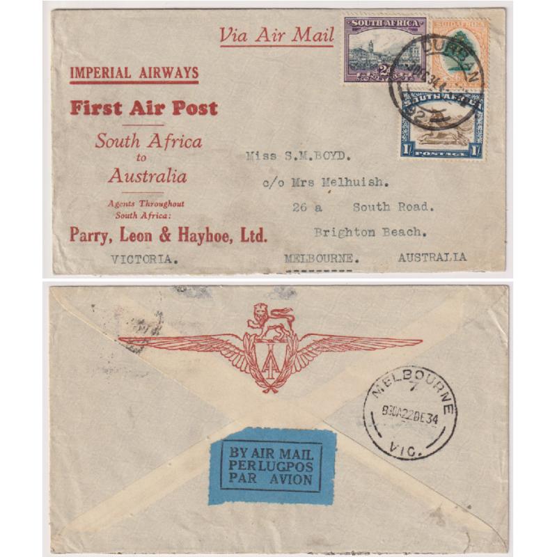 (CR1004) SOUTH AFRICA  ·  1934: souvenir cover carried on 1st Imperial Airways "First Air Post" to Australia via EGYPT AAMC #469f · some light soiling near LL corner o/wise in excellent condition · c.v. "from AU$125"