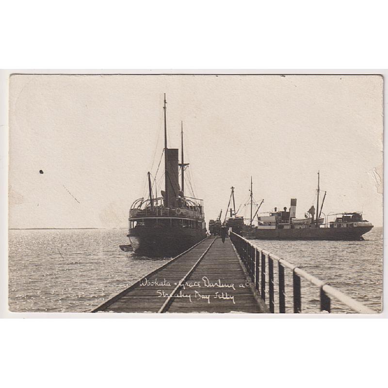 (CR1005) SOUTH AUSTRALIA · 1912: real photo card with a view of the SS "WOOKATA" and SS "GRACE DARLING" docked at the Streaky Bay Jetty · postally used · some imperfections but overall condition is excellent