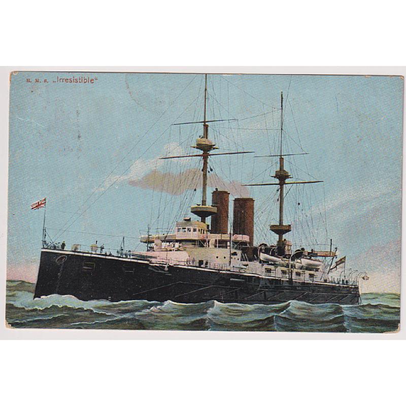 (CR1012) GREAT BRITAIN · c.1910: colour card with a view of the H.M.S. "IRRESISTIBLE" · postally used in NSW · some imperfections mostly affecting the message side · $5 STARTER!!