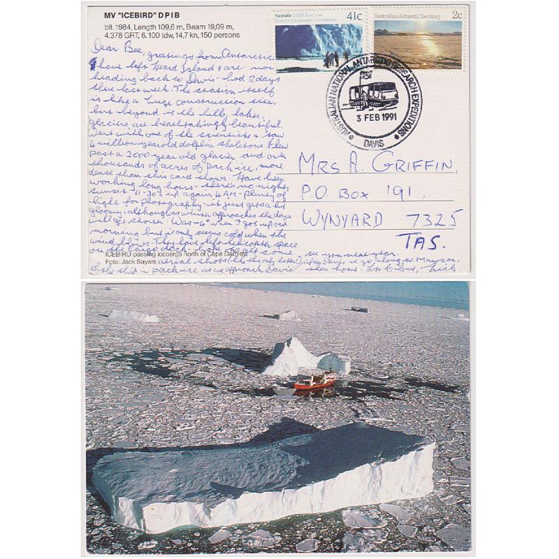 (CR1013) AUSTRALIAN ANTARCTIC TERRITORY · 1991: postcard with genuine correspondence mailed to Tasmania from DAVIS · fine condition ..... see largest image